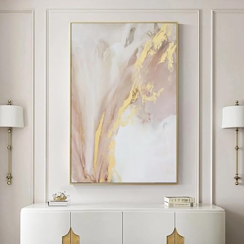 Peinture sur toile abstraite rose et or 80x110 cm pour salon moderne