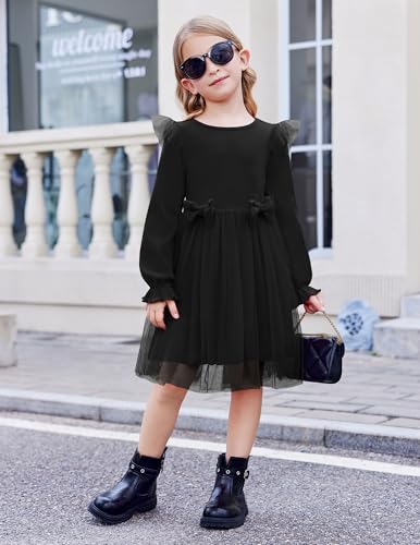 Image of Arshiner Toddler Girls Tulle Dresses with Bow Tie Fall Winter Long Sleeve Formal Party Dress 1-7 Y