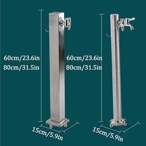 Columna de agua de acero inoxidable para exteriores, dispensador de agua para jardín con grifo y soporte para manguera, fuente de agua cuadrada para césped, parques y baños, 60 cm