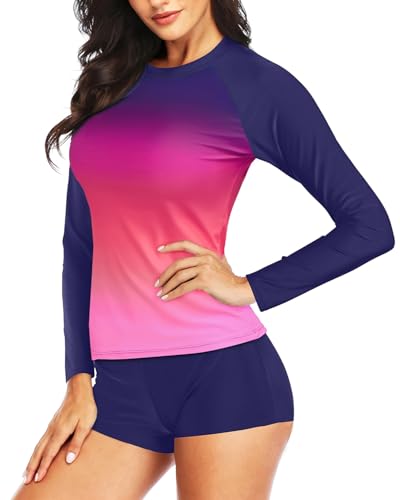 Image of Daci Women Two Piece Rash Guard Long Sleeve Swimsuits UV UPF 50+ Swim Shirt Bathing Suit with Boyshort Bottom