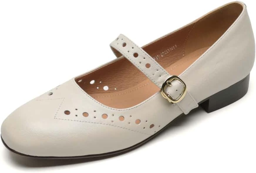 TinaCus Handmade Women's Genuine Leather Round Toe Perforated Ballet Flats with Adjustable Buckle
