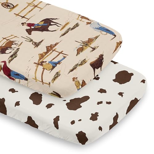 Image of Sweet Jojo Designs 2-Piece Baby Bassinet Sheets Set (Western Cowboy) for Boys, Infant Newborn Nursery, Oval, Rectangle & Hourglass Mattress (Cow Print, Vintage Americana, Wild West, Country, Horse)