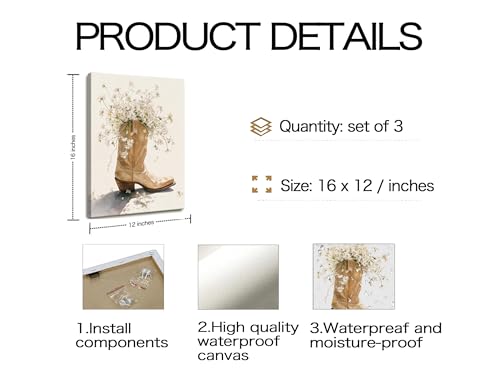 Image of Frimeeme Floral Cowgirl Boot and Cowboy Hat Canvas Wall Art,12x16 Inch