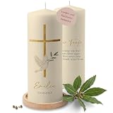 Taufkerze - Taufe - Goldenes Kreuz mit Taube, Name, Spruch, Datum - Taufgeschenk personalisiert Deko - 230/78 mm - Elfenbein
