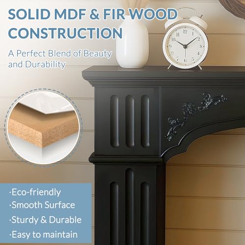Image of Black Fireplace Mantel, Rustic Freestanding Surround Mantel for Fireplace with Decorative Pattern, Wooden Mantle with Leg for Living Room, Anti-Tipping & Waterproof, 43.3 inch W x 39.7 inch H