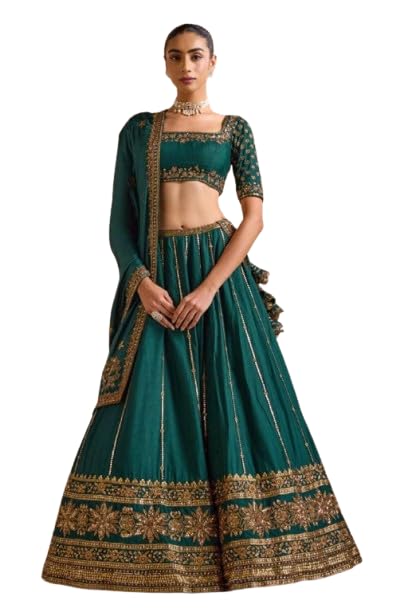 Teal Green Embroidered Lehenga Choli Set with Dupatta, Traditional Indian Ethnic Wear, Silk Blend-image-18