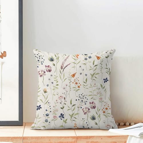Image of AEIOAE Spring Pillow Covers 18x18 Inch Set of 2, Sage Green Colorful Wild Flower Throw Pillows Case,Seasonal Floral Plant Outdoor Decorative Farmhouse Decor Cushion Covers for Sofa Bed Couch