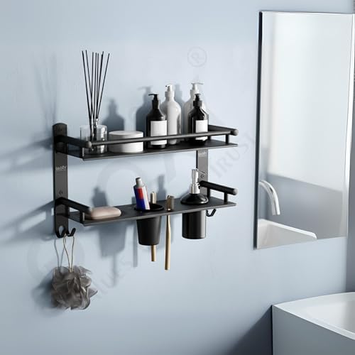 Image of GLOXY Premium Stainless Steel Black Matt Finish 2 Layer Bathroom Shelf Rack with Soap Holder, Liquid Soap Dispenser & Toothpaste Holder - 4 in 1 Washroom Rack for Home, Office, Hotels & Restaurants