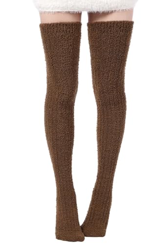 Image of Moon Wood Womens Thigh High Socks Long Soft Warm Leg Warmers Fuzzy Over Knee High Stockings Coral Fleece Plush Socks
