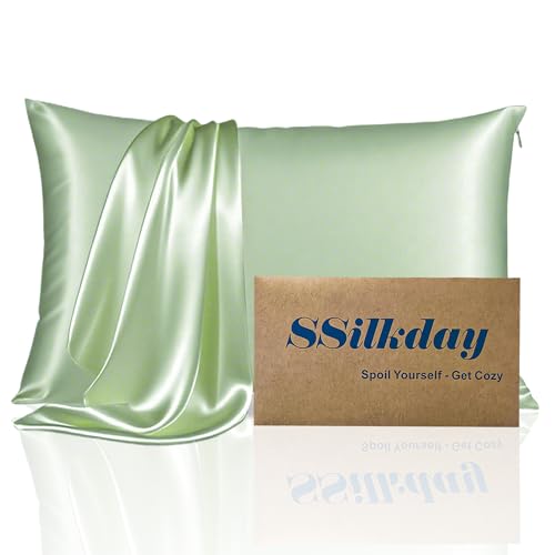 Mulberry Silk Pillow Cases with Zipper, Ultra Smooth Soft Breathable Cooling Pillow Cases for Hot Sleepers, Silk Satin Pillowcase for Hair and Skin, Gifts for Women (Sage Green, Standard Size, 1 Pack)