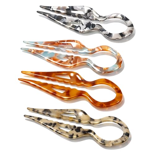 4PCS French Hair Pins for Women Cellulose Acetate U-Shape Hairpins Vintage Tortoise Shell Hair Sticks for Buns Updos Non-Slip Chignon Pins for Thick or Fine Hair (4 pcs mix 1 small)