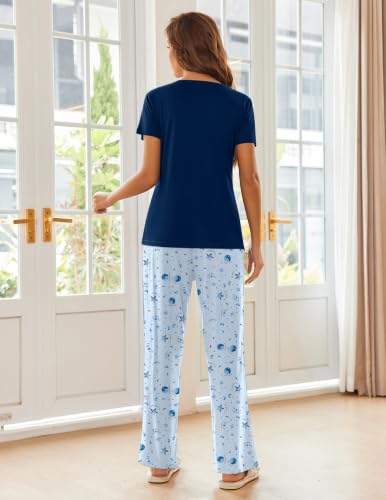 Image of Ekouaer Pajama Sets for Women 2 Piece Short Sleeve Pj V Neck Chest Pocket | Ladies Pajama Sets with Printed Long Pants, Soft Matching Pj Sleepwear, Casual Loose Fall Loungewear, S-XXL