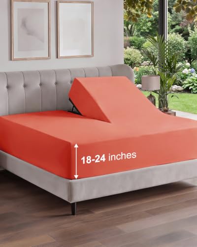 Image of Extra Deep Flex Top Split Head King Fitted Sheet - Hotel Luxury Single Fitted Sheet Only - Easily Fits 18 inch to 24 inch Mattress - Ultra Soft, Wrinkle Free w /Extra Deep Pockets - Coral