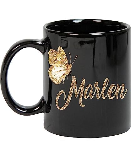 Maynard Ruiz Coffee Mug Personalized Marlen Name Customized Mug with Name Gold Butterfly Text Mug Gift for Women, Her, Girl 11oz Black Mug 118364