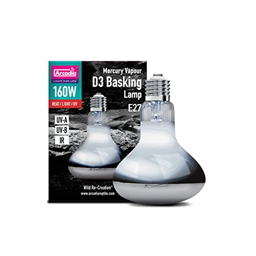 Arcadia Mercury Vapour D3 UV Basking Lamp 160W. Full Spectrum UVA Reptile Heat Lamp Bulb for Bearded Dragon,Tortoise, Reptile & Turtle. All-in-One Basking lamp. Reptile Vivarium & Terrarium Light