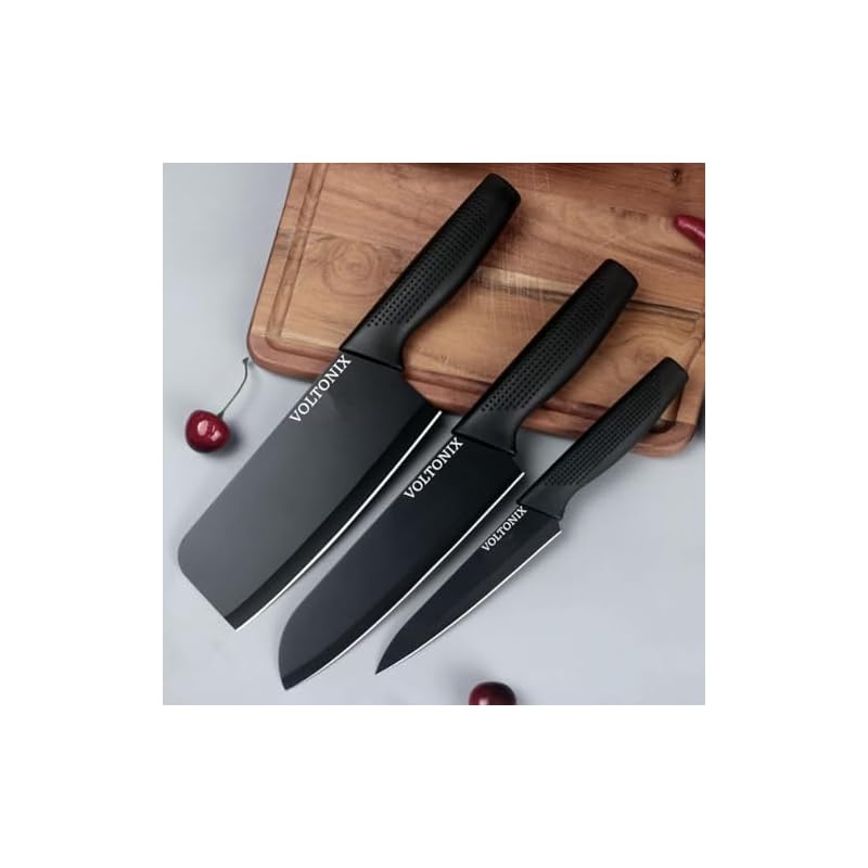 Voltonix Stainless Steel 3 Pieces Professional Kitchen Knife Set/Meat Knife/Chef Knife with Non-Slip Handle Sharp Manual Sharpening for Home Kitchen/ (Dark Black)