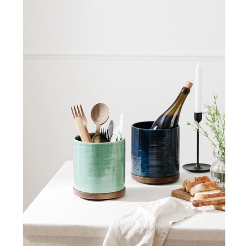 Image of Utensil Holder, 360 Rotating Extra Large Ceramic Kitchen Utensil Holder for Countertop, 7.3 inch Cooking Utensil Crocks for Kitchen Counter with Rotatable Wooden Base, Farmhouse Decor, Dark Blue