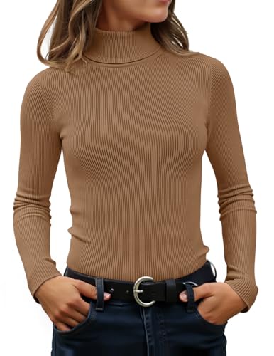 Image of ZESICA Women's Turtleneck Long Sleeve Shirts 2026 Spring Trendy Tops Slim Fitted Ribbed Knit Basic Casual Sweater
