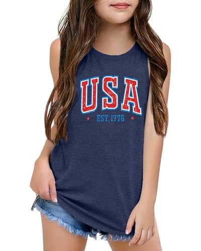 Image of CAZYCHILD Girls American Flag Tank Tops Boys 4th of July Shirts USA Summer Sleeveless Tee Independence Day Outfit 5-14y