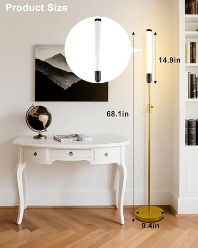 Image of Lightdot 68IN LED Floor Lamp for Living Room, Stepless Dimmable(10-100% Brightness) Modern Standing Tall Lamps with Milky White Cylindrical LampHead,Mid Century Industrial Floor Lamps for Bedroom-Gold