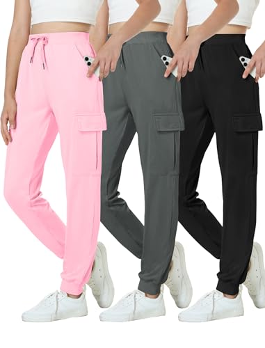 EXARUS 3 Pack Girls Joggers Kids Hiking Lightweight Cargo Pants Quick Dry Athletic Hip Hop Dance Jogger Flap Pockets Drawstring Tapered High Waist Youth Black Dusty Pink Dark Grey Knit 10Y