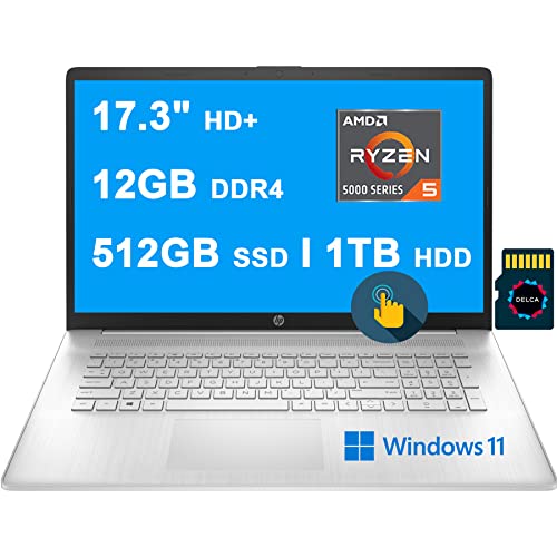 HP Laptop 17 Premium Business Computer I 17.3" HD+ Touchscreen I AMD 6-Core Ryzen 5 5500U (>i7-1160G7) I 12GB DDR4 512GB SSD + 1TB HDD I AMD Radeon Graphics USB-C Win11 Silver + 32GB MicroSD Card