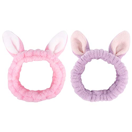 Luxspire Bandeau de Cheveux en Peluche pour Femme, 2 Pièces de Bandeaux de Maquillage avec Oreilles de Lapin, Serre-Tête Élastique pour Laver le Visage Femmes et Filles - Violet & Rose Cover