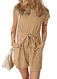 Dokotoo Women's Summer Short Sleeve Waffle Knit Romper Belt Jumpsuits with Side Pockets,Khaki Medium
