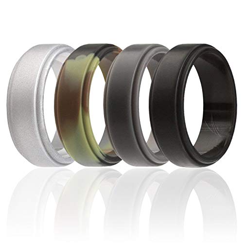 ROQ Silicone Wedding Ring for Men, 4 Pack Silicone Rubber Band Step Edge
