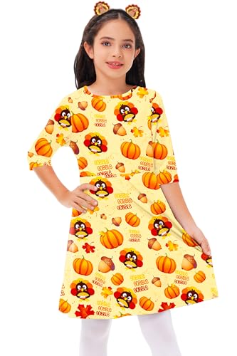 Remimi Girls Thanksgiving Dress Turkey Print Flared Swing Dresses 3-14 Years3