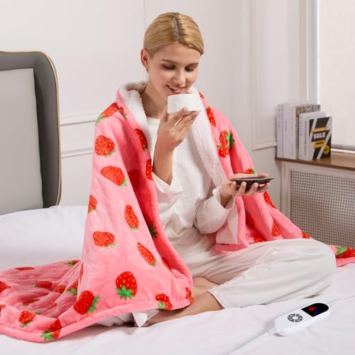 Electric Blanket Heated Throw Soft Flannel & Sherpa Heating Blanket Throw with 6 Heating Levels & 12hrs Auto Off Machine Washable ETL Certified Home Office Use 50x60 Inch Strawberry Red