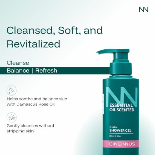 Image of Cincinnus Essential Oil Charm Body Wash Shower Gel for Women & Men with Rosemary, Tea Tree Oil, Niacinamide | Refreshing Gentle Cleansing, Moisturizing Body | For All Skin Types 300ml