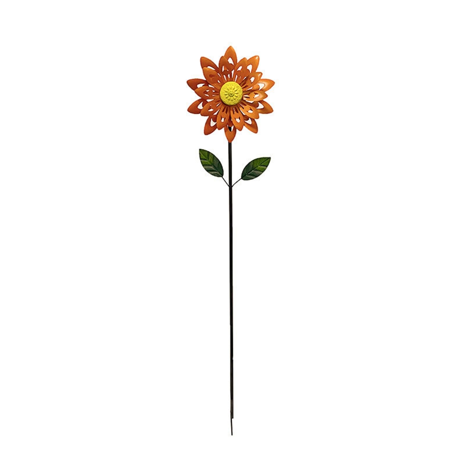 Metal Flower Wind Spinner Garden Stake, Orange Kinetic Wind Sculpture