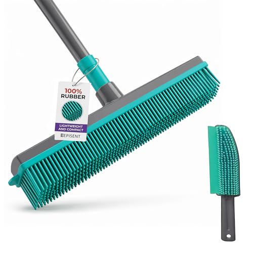 EPISENT Extendable Rubber Broom Pet Hair Remover Scratch Free Bristles on Carpets Rugs and Hard Floors Indoor Outdoor Broom for Wet and Dry Use Sweeps Hair Lint Dirt Water Dust Spills Leaves