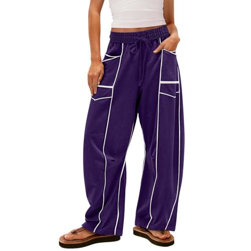 Image of Barrel Pants Women Casual Cargo Wide Leg Baggy Sweatpants Drawstring High Waisted Lounge Palazzo Pants with Pockets