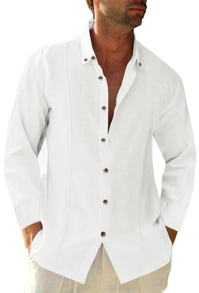 Photo 1 of Mens Linen Guayabera Shirt Casual Long Sleeve Button Down Summer Regular Fit Beach Cuban Plain Tops White