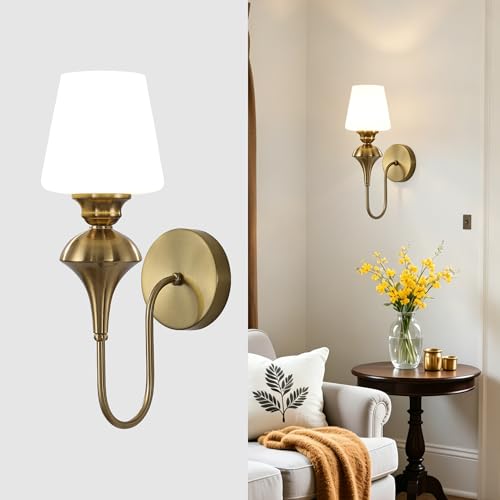 Image of LASENCHOO Modern Gold Wall Sconce, 1-Pack Antique Brass Wall Light Fixtures with Glass Shade, Vintage Sconces Wall Lighting Single Wall Mounted Lamp for Bedroom Living Room Bathroom Vanity Light