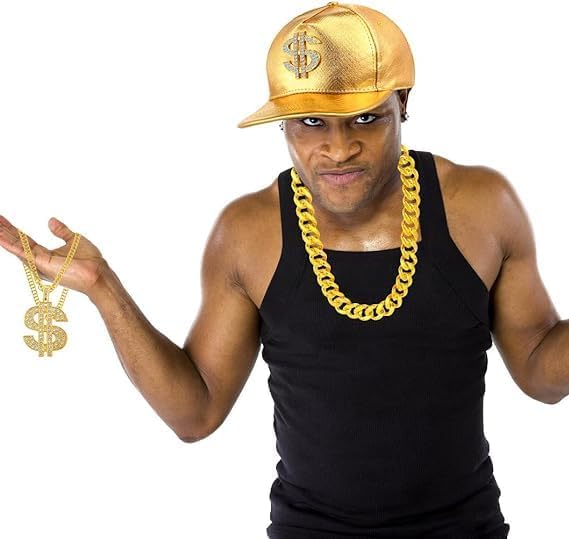 80s 90s Hip Hop Costumes Outfit for Men Gold Chain Money Chain Dollar Sign Baseball Cap Punk Sunglasses Rapper Accessories, One Size