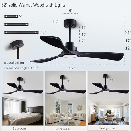 Image of 52-inch Silent Ceiling Fan Light with Remote Control, Black Wood Finish. | 3CCT, mobile app, full memory function, for use in living rooms, dining rooms, bedrooms, offices, balconies, and outdoors.