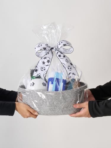 Image of Small Woven Gift Basket Empty with Bag & Ribbon, Storage Basket for Father's Day for Dad, Baby Shower, Raffle, Birthday, Cute Organizer with Handles, 12 inchx8 inchx5 inch, Gray /Soccer