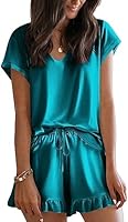 Ekouaer Silk Pajamas for Women Short Sleeve Satin Sleepwear Two Piece Pj Sets with Ruffled Shorts Casual Loungewear