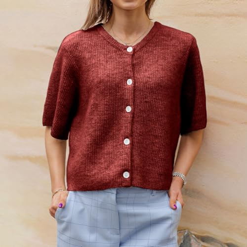 Image of Women Knitted Crop Cardigan Shirt Short Sleeve Button Down Ribbed Knit Crop Top Y2k Girls Outwear Top Tee Shirt