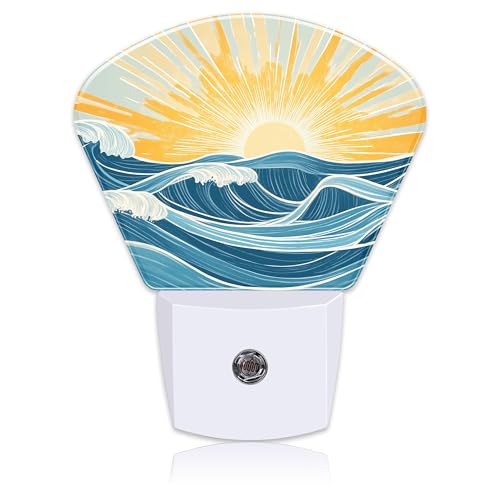 Image of Sunrise Over The Sea Night Light Waves and Sun Nightlight Plug into Wall with Dusk to Dawn Sensor for Kid Girls Boys Women Men Room, Hallway, Kitchen, Bathroom, Stairs Decor