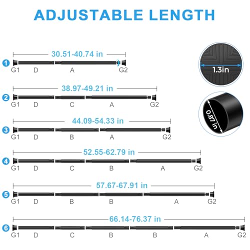 Image of Tension Rod 30-76 Inch - 1pack Spring Loaded Curtain Rods, Black Shower Curtain Rod Expandable Curtain Rods Tension Adjustable Rod Without Drilling, Tension Rods For Bathroom Doorway Window