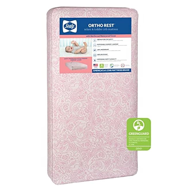 Sealy Baby Ortho Rest Waterproof Crib Mattress plus Toddler Bed Fit, 150 Extra Firm Coils, Orthopedic Comfort, GREENGUARD Gold Certified, Safety & Quality Tested, Made in USA, 52X28 - Pink