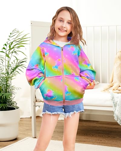 Nidoul Girls Zip Up Hoodie Jacket Unicorn Rainbow Mermaid Sweatshirt with Pockets for Toddler Kid 3-9 Y2
