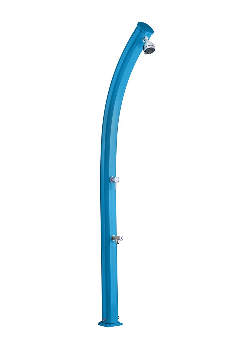 Douche solaire ARKEMA A520 / 5012 Jolly Couleur Bleu RAL 5012 Douche extérieure en aluminium anticorrosion Forme courbée Chauffage à énergie solaire Avec Mitigeur et Rince pieds Réservoir 25 litres Hauteur 226 cm