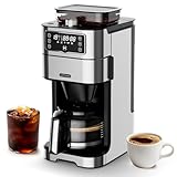 LumosBari Drip Coffee Maker with Built-in Grinder, 10-Cup Coffee Machine with 24-Hour Delay Timer, Touch Screen, Self-Cleaning, Reusable Filter, 1.5L Removable Water Tank, Warming Plate, Silver