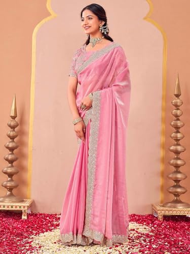 Image of SIRIL Women's Tissue Silk Sequins Embroidery Saree with Unstitched Blouse Piece