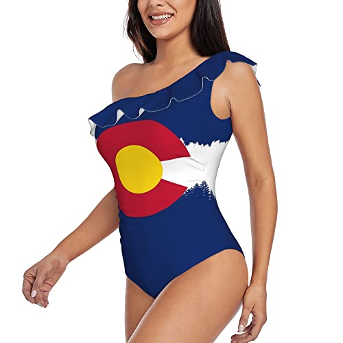 Pretty Colorado Flag Women's One Piece Swimsuits One Shoulder Swimwear Asymmetric Ruffle Bathing Suits2